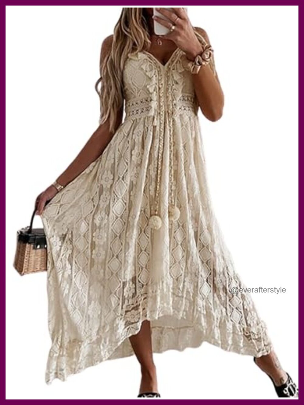 Lace Maxi Dress Sleeveless V-Neck Adjustable Straps Smocked Beach Vacation